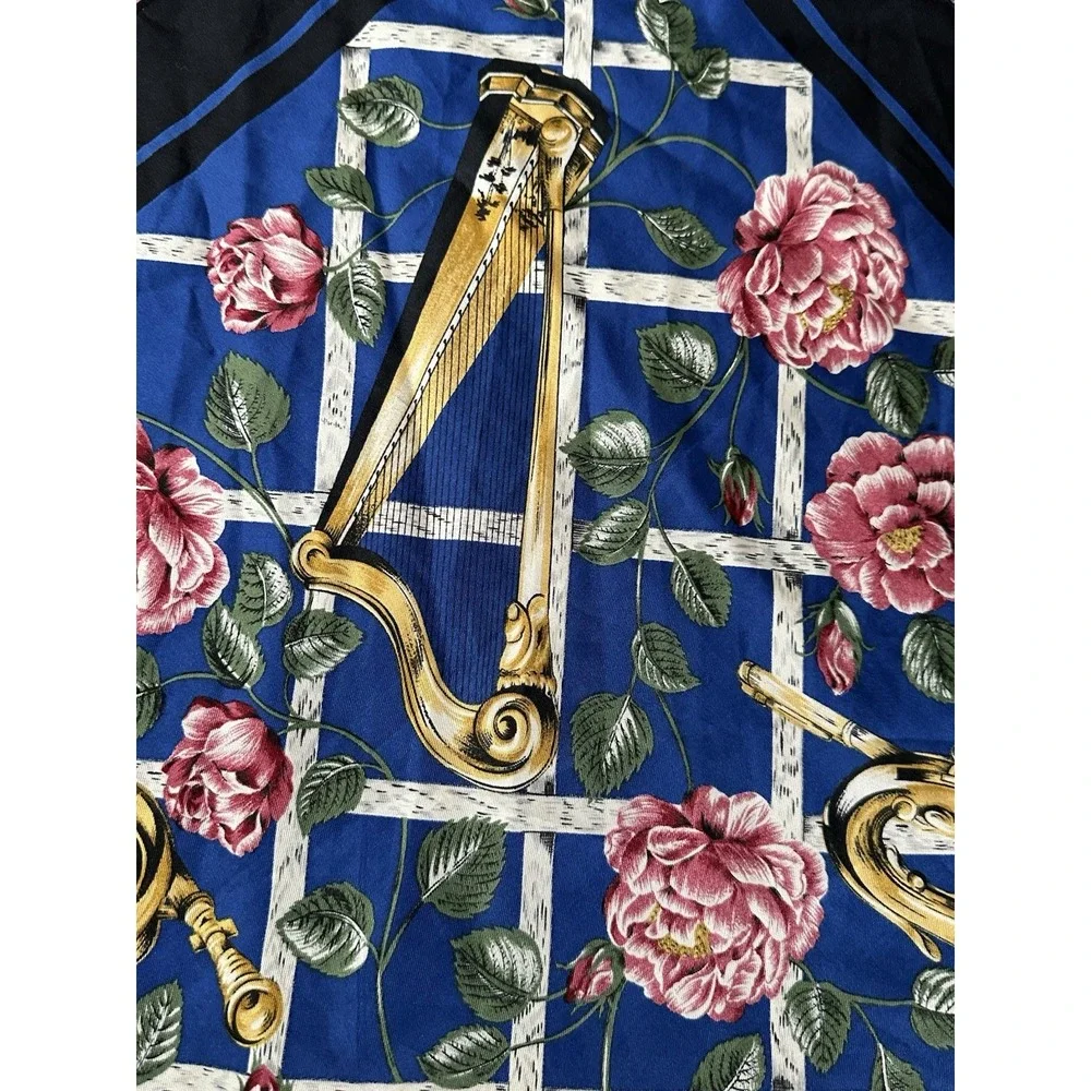 1980s Boston Museum of Fine Arts MFA Musical Instruments Floral Silk Scarf 34x34